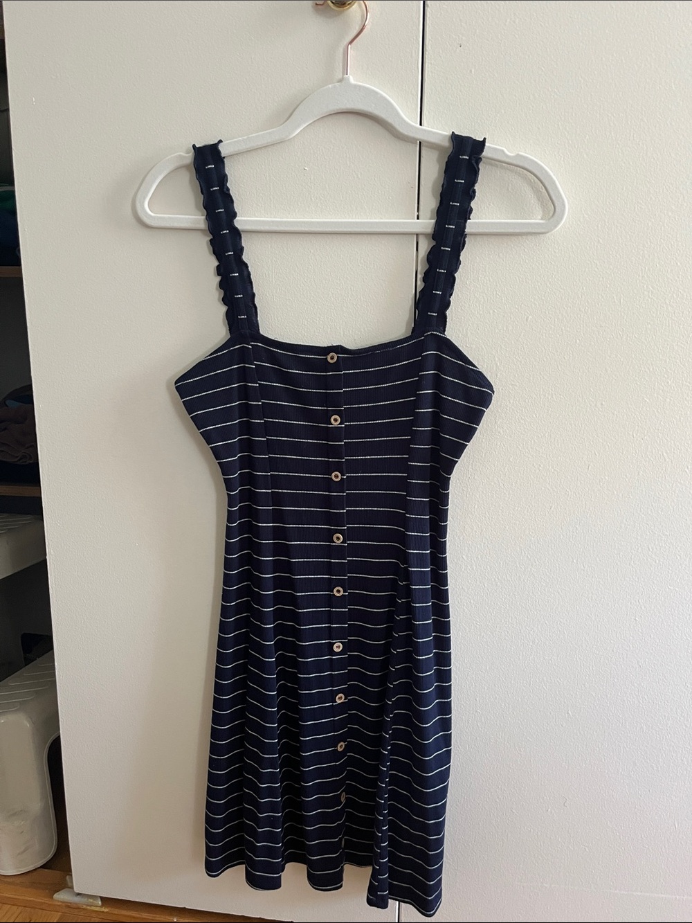 Striped Navy Button-Front Mini Dress with Ruffled Straps